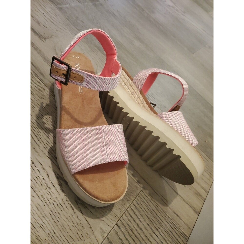 Toms Wedge Sandal Womens US 7.5 Pink Beige Canva Buckle Strap Comfort Cute
